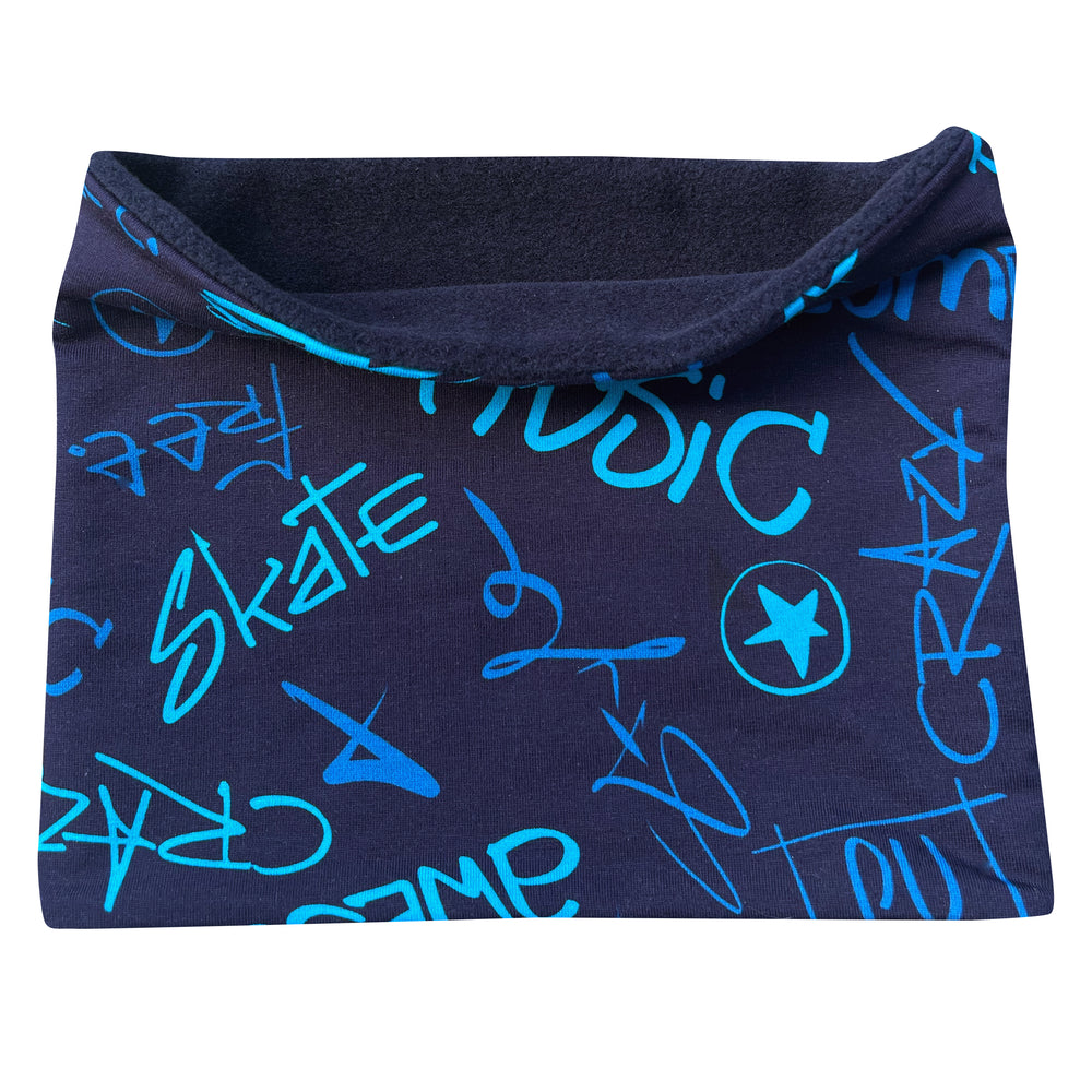 Wollhuhn Halstuch / Schlupfschal / Loop WARM, Innen Fleece, Cool Music Blau, handgemacht, doppellagig, für Kinder und Erwachsene, angenehm und kuschelig für kalte Tage.