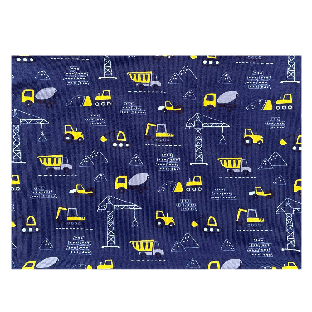 Wollhuhn Leichtes / Lockeres Öko Jersey Halstuch/Schlupfschal, dunkelblau mit Baustellenmotiven wie Baggern, handgemacht in Deutschland, weich und dehnbar für Kinder.
