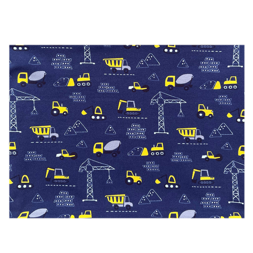 Wollhuhn Leichtes / Lockeres Öko Jersey Halstuch/Schlupfschal, dunkelblau mit Baustellenmotiven wie Baggern, handgemacht in Deutschland, weich und dehnbar für Kinder.