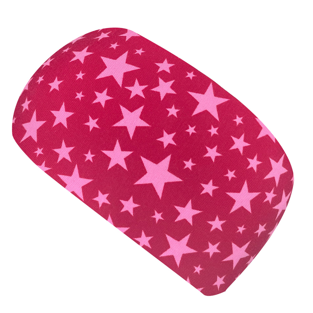 Wollhuhn Elastisches Öko Stirnband / Haarband Jersey Zweilagig Sternchen Rot/Rosa – handgemachtes, dehnbares Stirnband mit Sternenmuster aus Bio-Baumwolle, ideal für vielseitigen Einsatz.