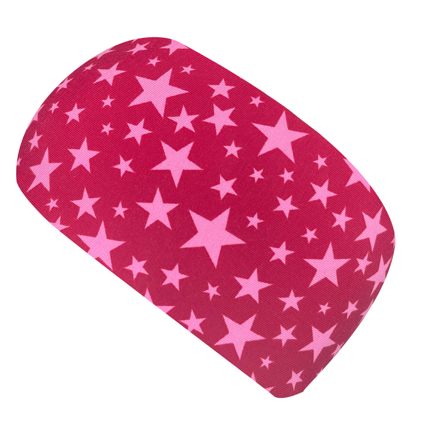Wollhuhn Elastisches Öko Stirnband / Haarband Jersey Zweilagig Sternchen Rot/Rosa – handgemachtes, dehnbares Stirnband mit Sternenmuster aus Bio-Baumwolle, ideal für vielseitigen Einsatz.
