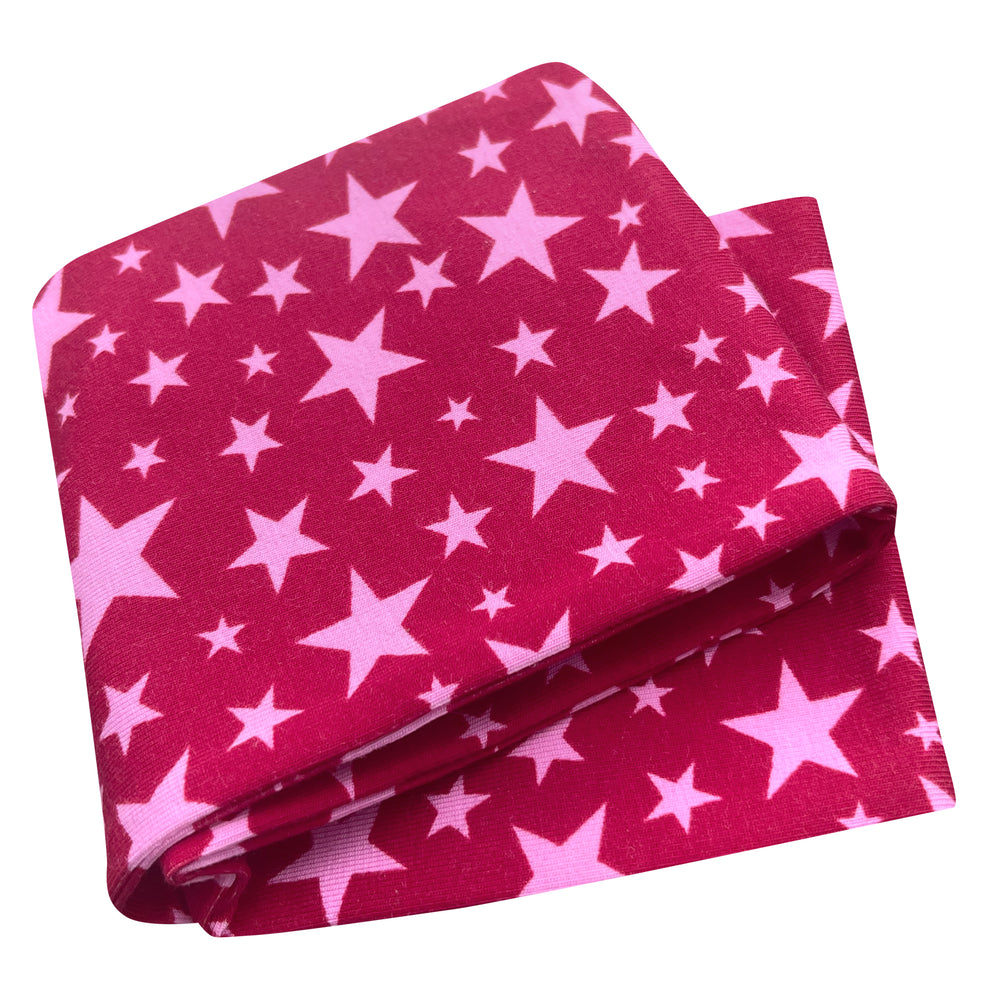 Wollhuhn Elastisches Öko Stirnband / Haarband Jersey Zweilagig Sternchen Rot/Rosa, gefalteter Stoff mit weißen Sternen, handgemacht aus Bio-Baumwolle, weich und vielseitig.