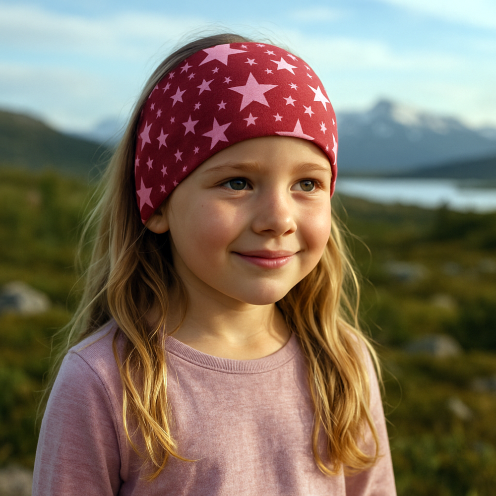 Kind trägt ein Wollhuhn Elastisches Öko Stirnband aus Jersey, zweilagig mit Sternchenmuster, handgemacht in Deutschland, ideal für Outdoor-Aktivitäten.