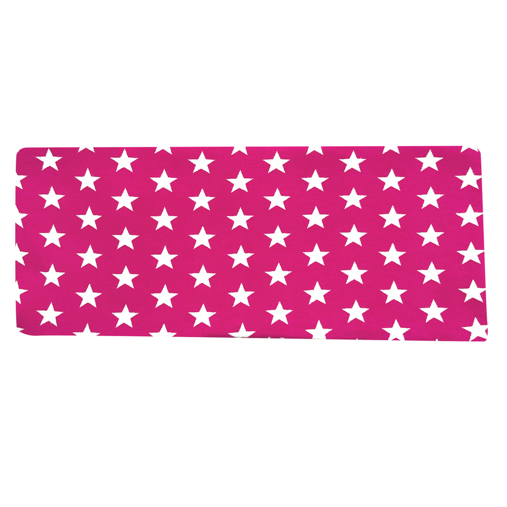 Wollhuhn Elastisches Öko Stirnband/Haarband Jersey Zweilagig Breit Ministernchen Pink/Weiß – handgemachtes, weiches Stirnband mit weißen Sternen, ideal für Alltag und Sport.