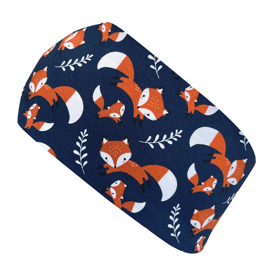 Wollhuhn Elastisches Öko Stirnband mit Füchse-Muster, handgemacht aus weichem, dehnbarem Bio-Jersey, ideal für Outdoor-Aktivitäten, passt unter Helme.