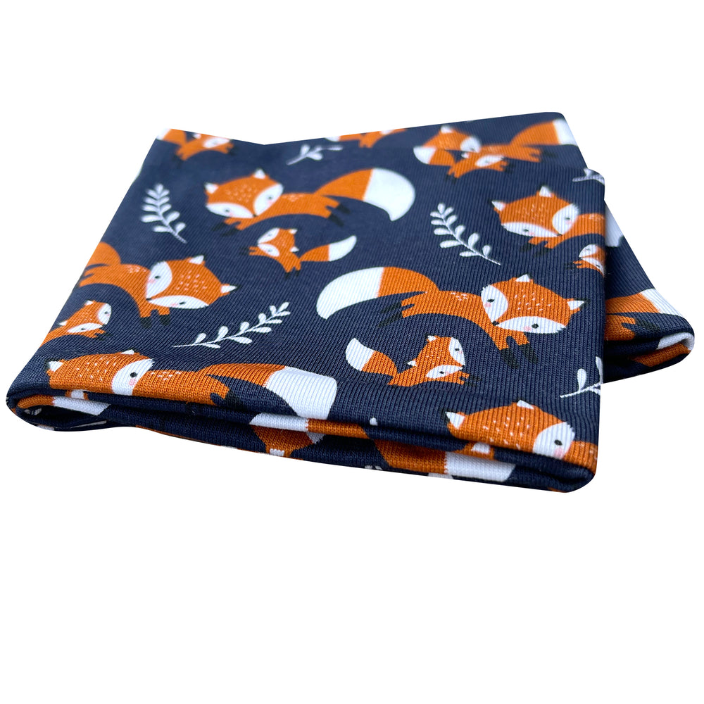 Wollhuhn Elastisches Öko Stirnband, zweilagig, breit, mit Fuchsmuster, handgemacht aus Bio-Baumwolle, weich und vielseitig tragbar. Ideal für Kinder und Erwachsene.