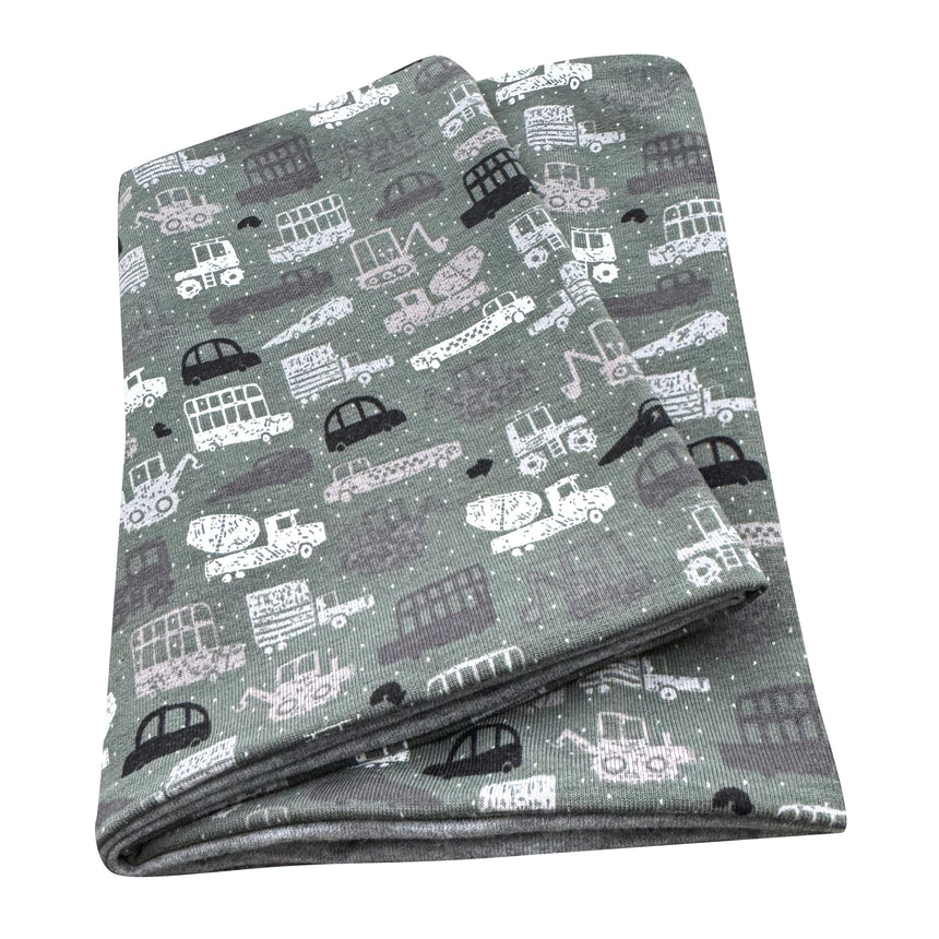 Wollhuhn Leichtes Öko Jersey Halstuch mit Autos und Lastwagen, handgemacht, weich und locker, ideal für Kinder, perfekt für Übergangszeiten, mit wendbarem Design.