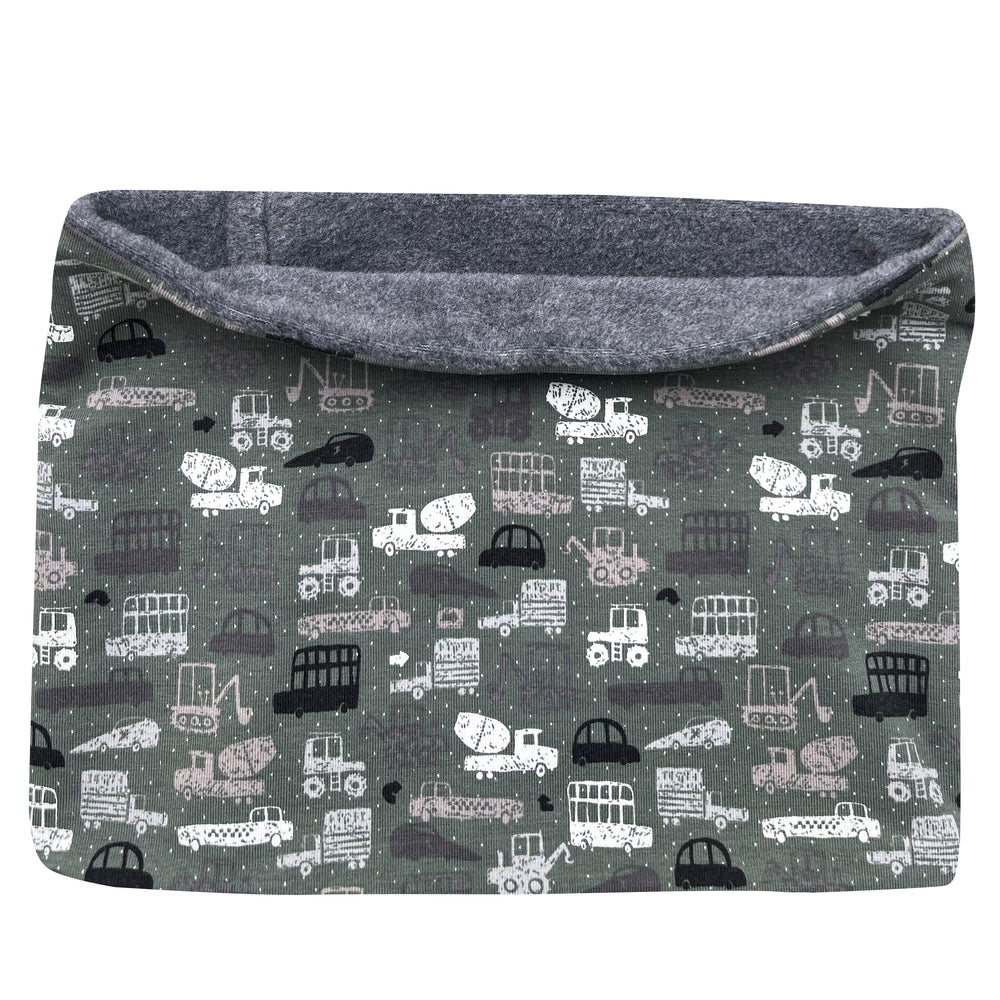 Wollhuhn Halstuch / Schlupfschal / Loop WARM mit Fleece, bedruckt mit Autos und Baufahrzeugen, handgefertigt, ideal für empfindliche Haut, vielseitig für Kinder und Erwachsene.
