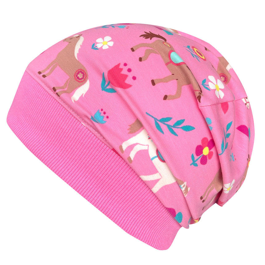 Wollhuhn Dünne Öko Beanie-Mütze Sommer/Übergang Einlagig Pony Rosa: Handgemachte, elastische Beanie mit Pferde- und Blumenmuster, ideal für Kinder, angenehm tragbar unter Helmen.