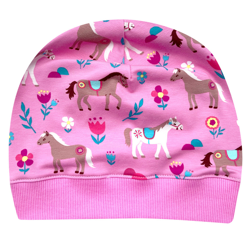 Wollhuhn Dünne Öko Beanie-Mütze Sommer/Übergang Einlagig Pony Rosa: Pinke Beanie mit Pferde- und Blumenmotiv, handgemacht, elastisch und angenehm tragbar. Perfekt für Kinder.
