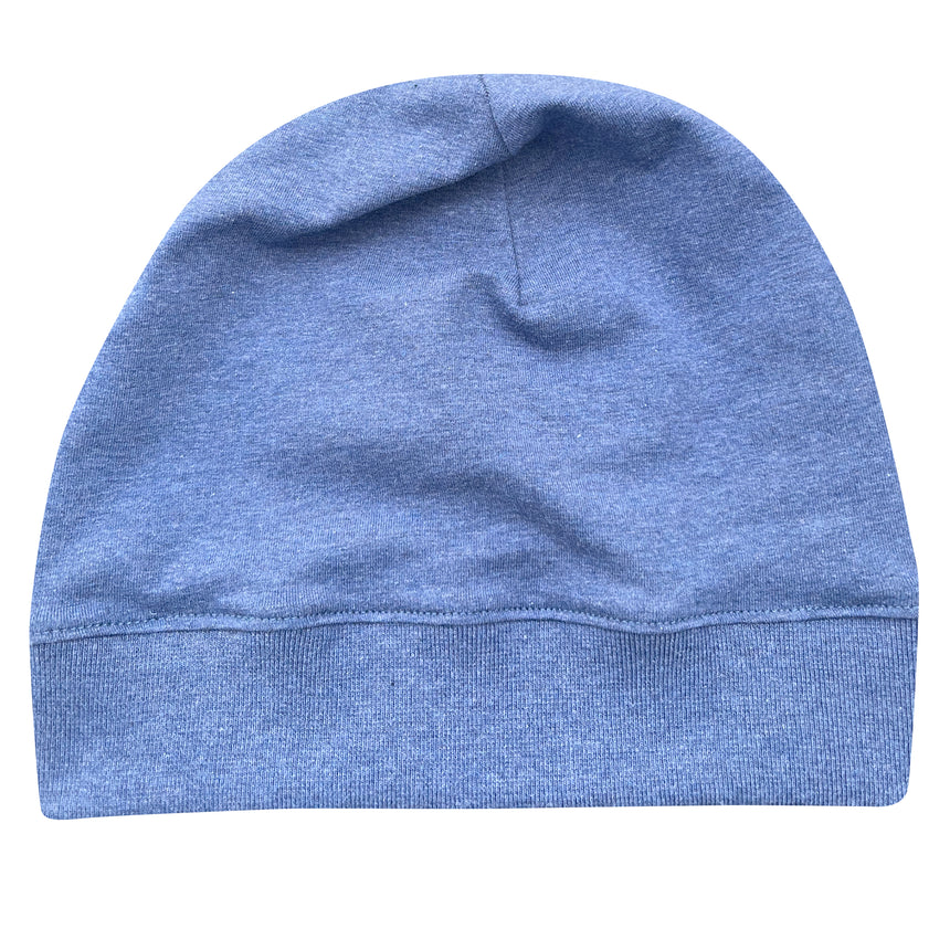 Wollhuhn Dünne Öko Beanie-Mütze, handgemacht, einlagig, ideal für Sommer und Übergang, flexibel und bequem, aus hochwertigem Öko-Jersey, in Jeansblau meliert.