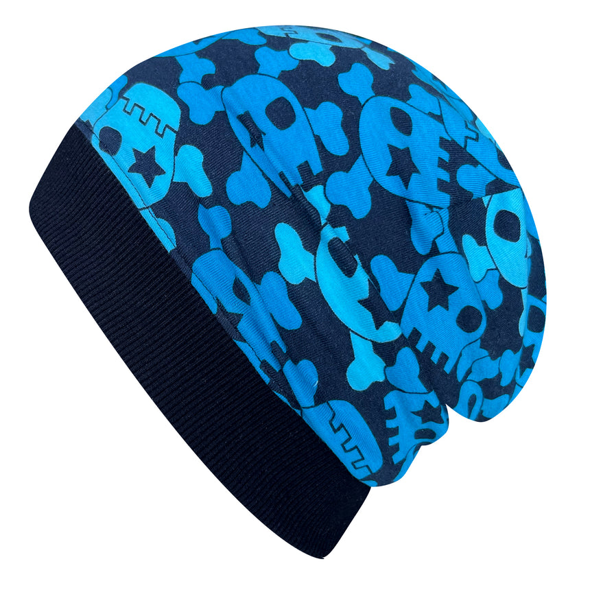 Wollhuhn Dünne Öko Beanie-Mütze Sommer/Übergang Einlagig Skulls Schwarz/Blau: Handgemachte, elastische Beanie mit Totenkopf-Muster, ideal für kühle Tage, bequem und stylisch.