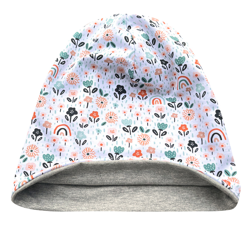Wollhuhn Öko Long Beanie / Wendemütze, zweilagig, aus weichem Baumwolljersey mit floralem Muster, handgefertigt, formbeständig, wendbar, ideal für das ganze Jahr.