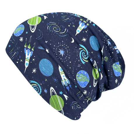 Wollhuhn Öko Long Beanie, Wendemütze: Dunkelblaue Slouch-Beanie mit Raumfahrtmotiv, handgemacht aus weichem Öko-Jersey, zweilagig, für ganzjährigen Tragekomfort.