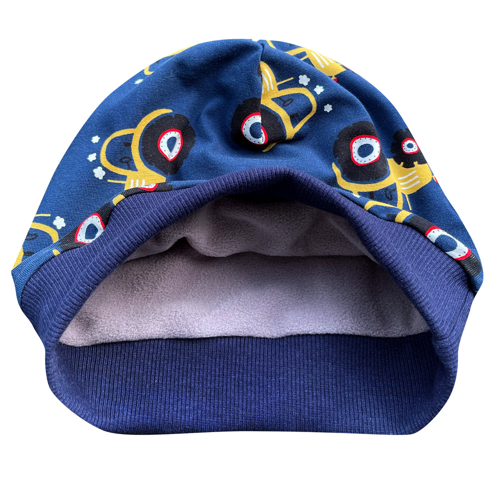 Wollhuhn ADD-ON Fleece-Futter für die Dünnen Beanies, zeigt blau-gelbe Mütze, ideal für handgefertigte, kuschelige Winterbeanies.
