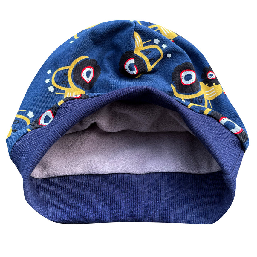Wollhuhn ADD-ON Fleece-Futter für die Dünnen Beanies, zeigt blau-gelbe Mütze, ideal für handgefertigte, kuschelige Winterbeanies.