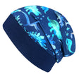 Wollhuhn Dünne Öko Beanie-Mütze Sommer/Übergang Einlagig Dinos Blau, handgemachte, bequeme Jersey-Mütze mit blauen Dinosauriermotiven, ideal für kühle Tage.