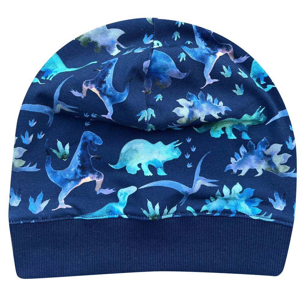 Wollhuhn Dünne Öko Beanie-Mütze Sommer/Übergang Einlagig Dinos Blau: Handgemachte, elastische Beanie mit Dinosaurier-Muster, ideal für Kinder, bequem und atmungsaktiv.