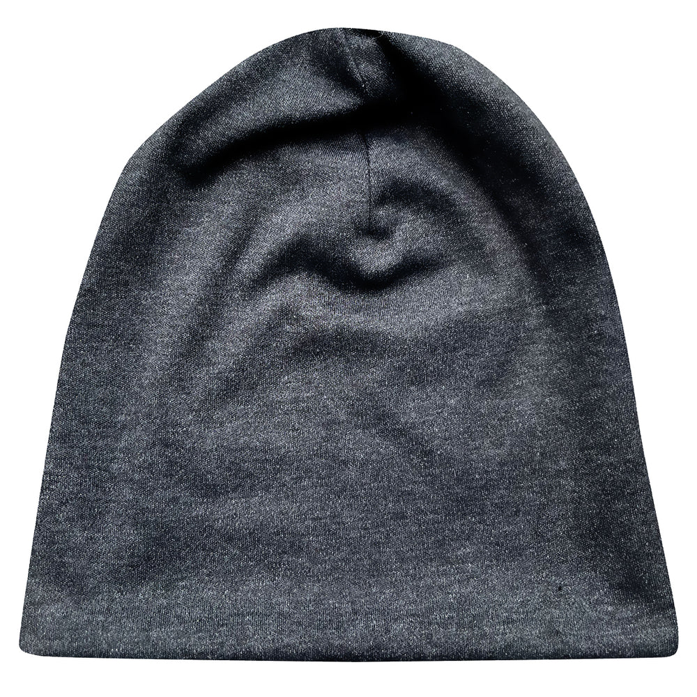Wollhuhn Öko Long Beanie: Zweilagige, anthrazitfarbene Wendemütze aus weichem Baumwolljersey, handgefertigt, bequem und formbeständig für das ganze Jahr.