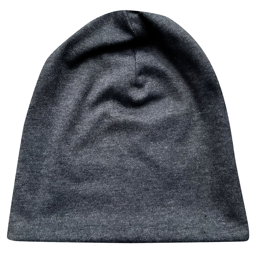 Wollhuhn Öko Long Beanie: Zweilagige, anthrazitfarbene Wendemütze aus weichem Baumwolljersey, handgefertigt, bequem und formbeständig für das ganze Jahr.