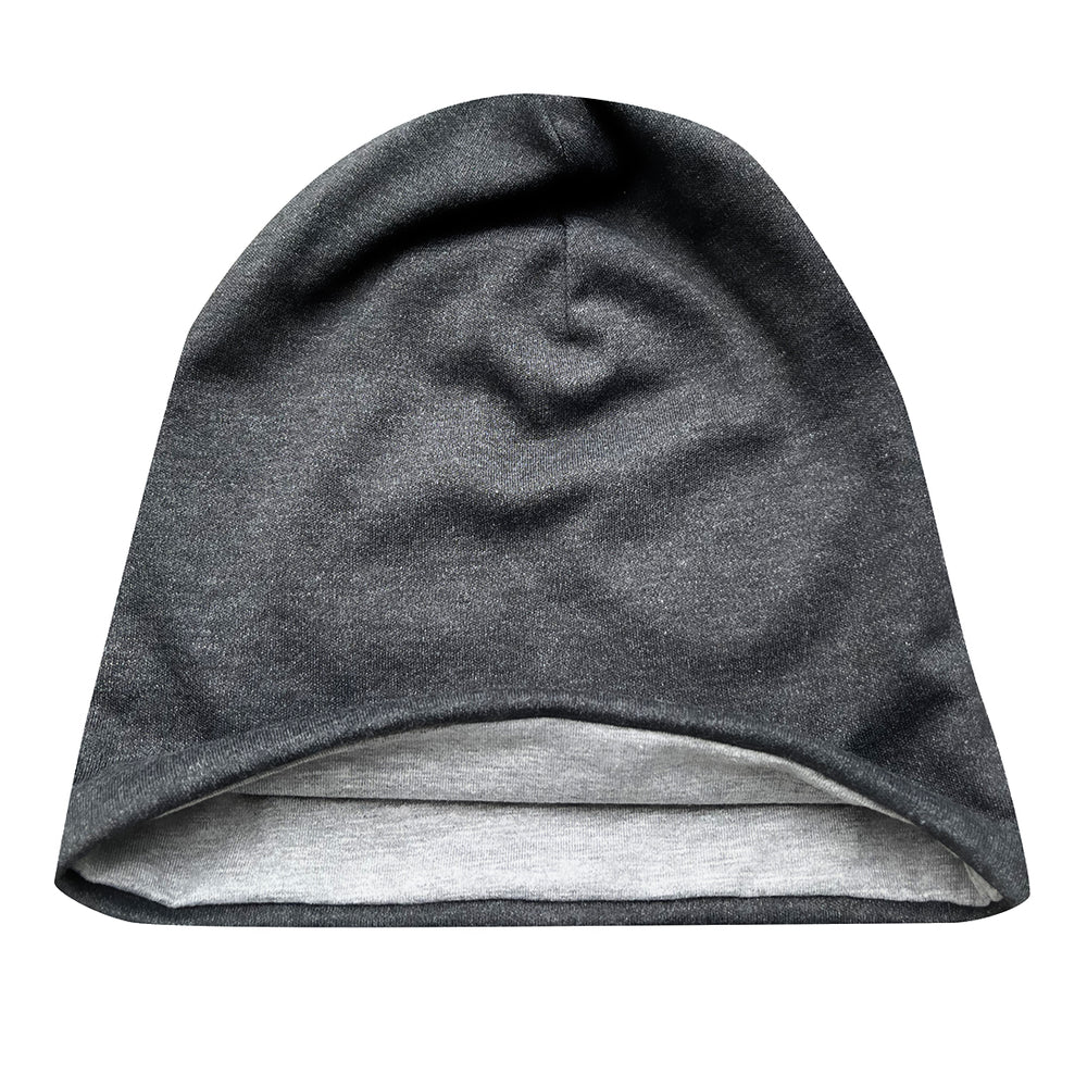 Wollhuhn Öko Long Beanie/Wendemütze, zweilagig, einfarbig dunkelgrau/anthrazit, aus weichem Baumwolljersey, formbeständig, pflegeleicht, für Kinder und Jugendliche, handgefertigt in Deutschland.