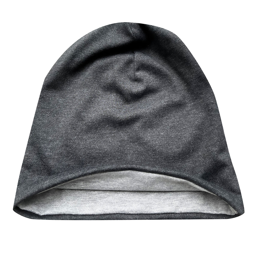Wollhuhn Öko Long Beanie/Wendemütze, zweilagig, einfarbig dunkelgrau/anthrazit, aus weichem Baumwolljersey, formbeständig, pflegeleicht, für Kinder und Jugendliche, handgefertigt in Deutschland.