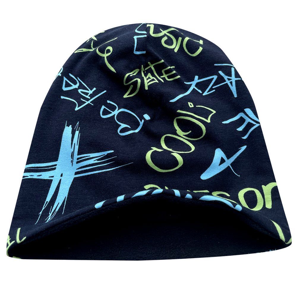 Wollhuhn ADD-ON Fleecefutter für Long Beanies und Shorties, nicht einzeln erwerblich; schwarze Beanie mit blauer und grüner Schrift, ideal für kalte Wintertage.