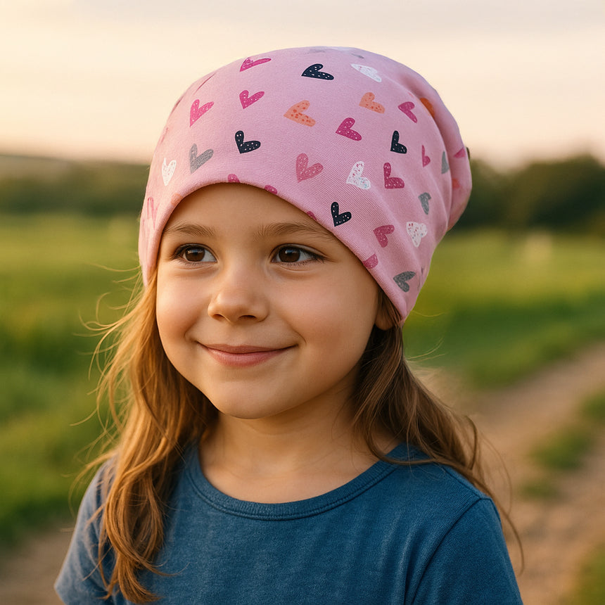 Mädchen trägt Wollhuhn Öko Long Beanie, Wendemütze mit Herzen in Rosa, handgefertigt für Komfort und Wärmeschutz, ideal für ganzjähriges Tragen und Kinderhaut geeignet.