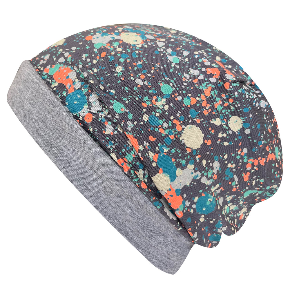 Wollhuhn Öko Long Beanie / Wendemütze mit Splatter-Muster, weich und dehnbar, zweilagig aus Baumwolljersey, ideal für Kinder, handgefertigt in Deutschland.