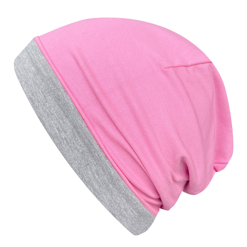 Wollhuhn Öko Long Beanie, zweilagig, wendbar, aus weichem Baumwolljersey, pink mit grauem Futter, komfortabel und formbeständig, ideal für Kinder und Jugendliche.
