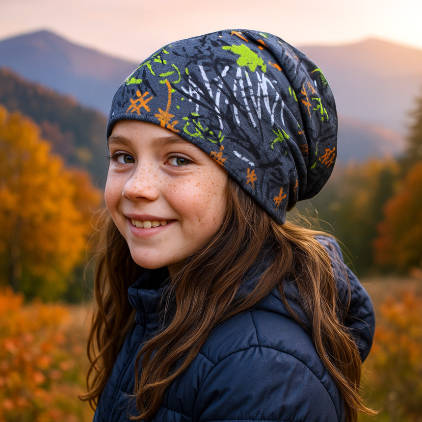 Ein Mädchen trägt die Wollhuhn Öko Long Beanie/Wendemütze, ideal für Herbsttage, handgefertigt aus Öko-Jersey, lässig fallend, vor herbstlicher Kulisse.