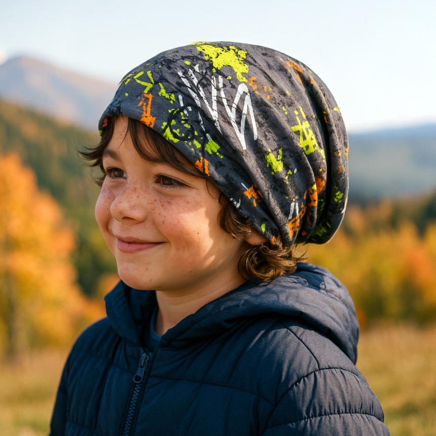 Ein lächelnder Junge trägt die Wollhuhn Öko Long Beanie, Wendemütze, ganzjährig, zweilagig, Graffiti Grau/Bunt, in einer herbstlichen Landschaft.
