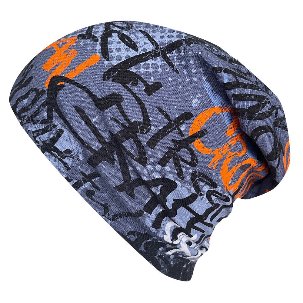 Wollhuhn Öko Long Beanie mit Graffiti-Design, aus zweilagigem Baumwolljersey. Wendemütze für ganzjähriges Tragen, handgefertigt in Deutschland, ideal für Kinder.