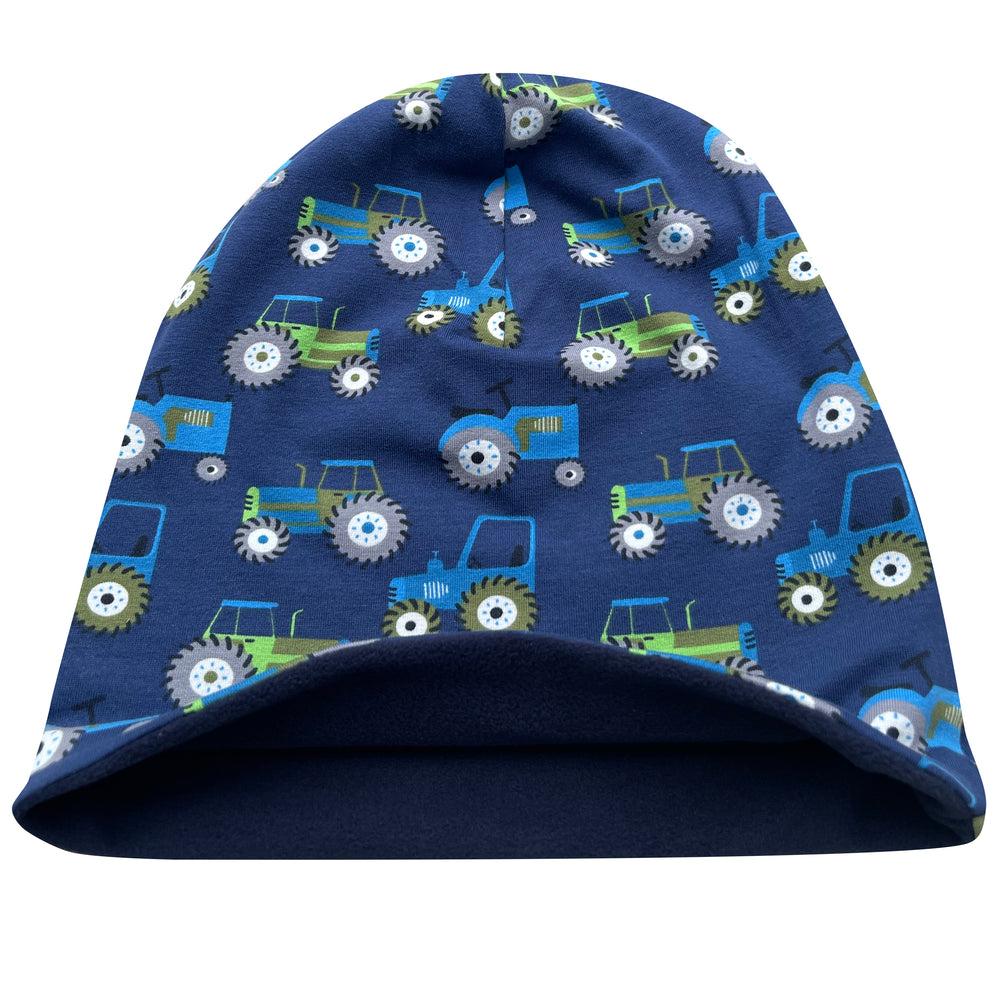 Wollhuhn ADD-ON Fleecefutter für Long Beanies und Shorties, blaue Mütze mit Traktor-Design, handgefertigt aus hochwertigem Öko-Sportfleece für extra Wärme.