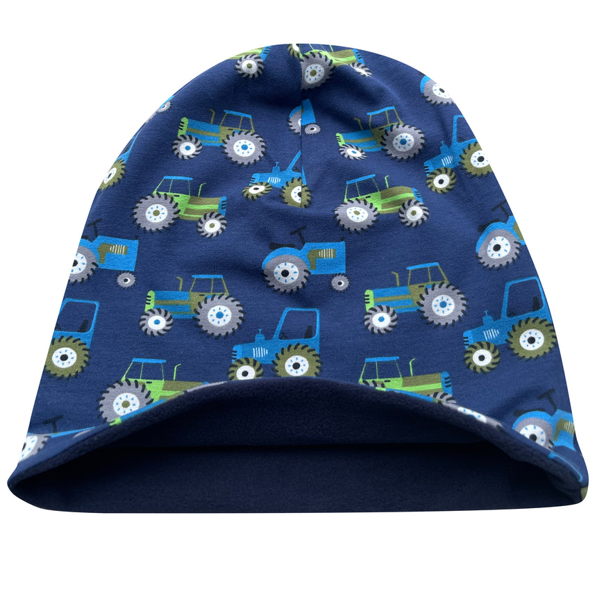 Wollhuhn ADD-ON Fleecefutter für Long Beanies und Shorties, blaue Mütze mit Traktor-Design, handgefertigt aus hochwertigem Öko-Sportfleece für extra Wärme.