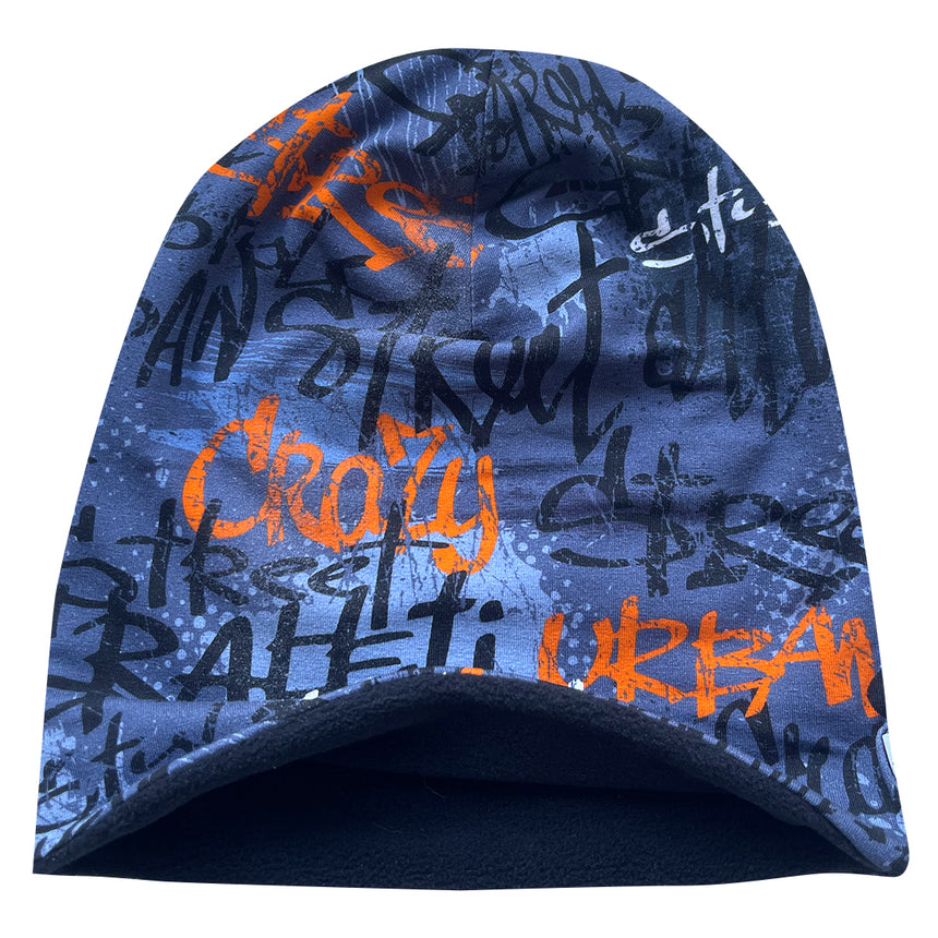 Wollhuhn ADD-ON Fleecefutter für Long Beanies und Shorties, blaue Mütze mit orangener Schrift, bietet kuscheligen Tragekomfort durch grauen Öko-Sportfleece.