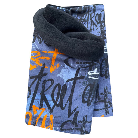 Wollhuhn Halstuch / Schlupfschal / Loop WARM, innen Fleece, zeigt eine detailreiche Ansicht des skatergrau-orangenen, handgefertigten Loops mit weichem Fleecefutter für optimalen Komfort.