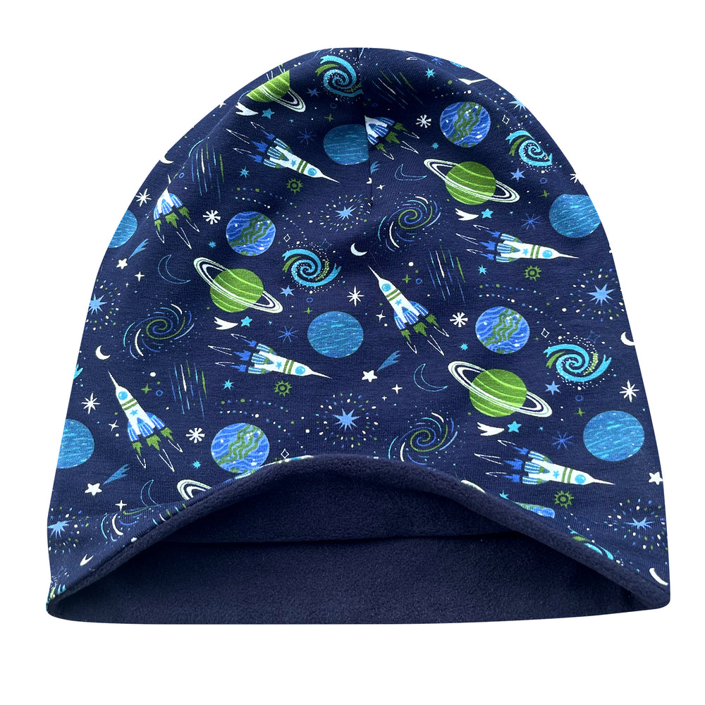 Wollhuhn ADD-ON Fleecefutter für Long Beanies und Shorties, blaue Mütze mit Planeten- und Raketenmotiv, für kuschelige Passform und wärmenden Tragekomfort, nicht einzeln erhältlich.