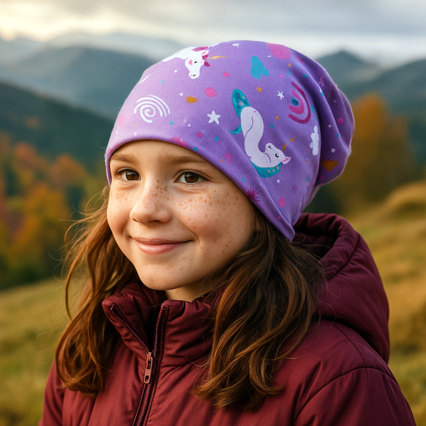 Mädchen in maroonfarbener Jacke trägt Wollhuhn Öko Long Beanie, Wendemütze mit Einhornmotiv, aus weichem Baumwolljersey, ideal für alle Jahreszeiten.