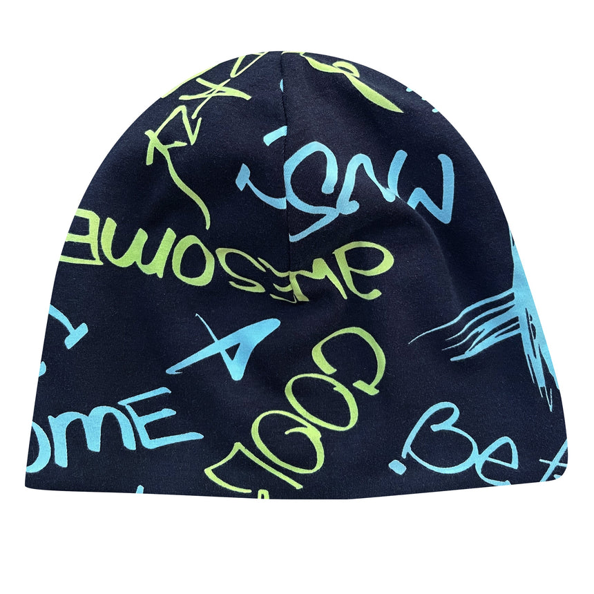 Wollhuhn Öko Shorties Wendemütze: Schwarze Beanie aus Bio-Baumwolljersey, zweilagig, mit blauer und grüner Schrift, ideal für Kinder, das ganze Jahr tragbar.