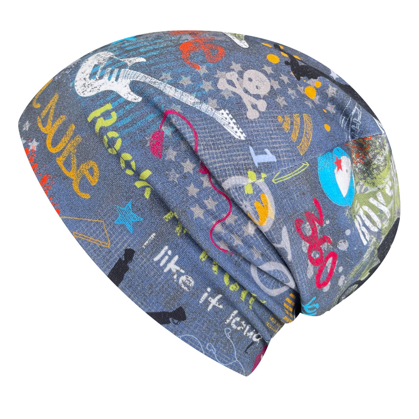 Wollhuhn Öko Shorties Wendemütze: Handgemachte blaue Beanie mit bunten Designs, doppellagig, ideal für aktive Kinder, formstabil und mitwachsend.