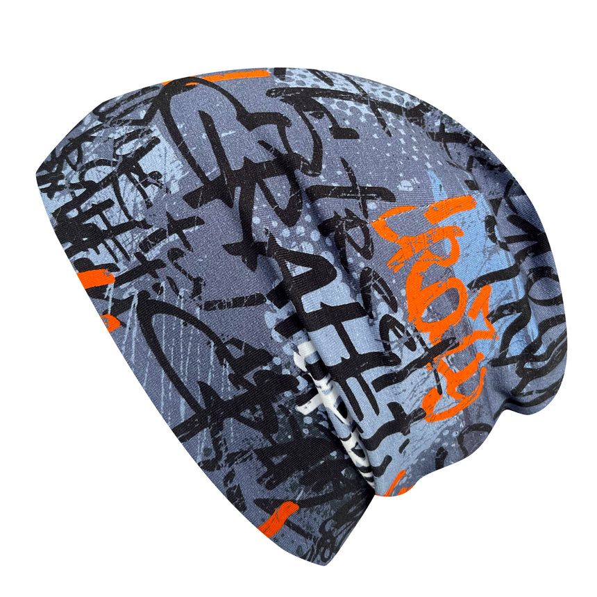 Wollhuhn Öko Shorties Wendemütze: Handgemachte Beanie mit stilvollem Graffiti-Muster, aus weichem Öko-Jersey, zweilagig für optimalen Komfort und Wärme.