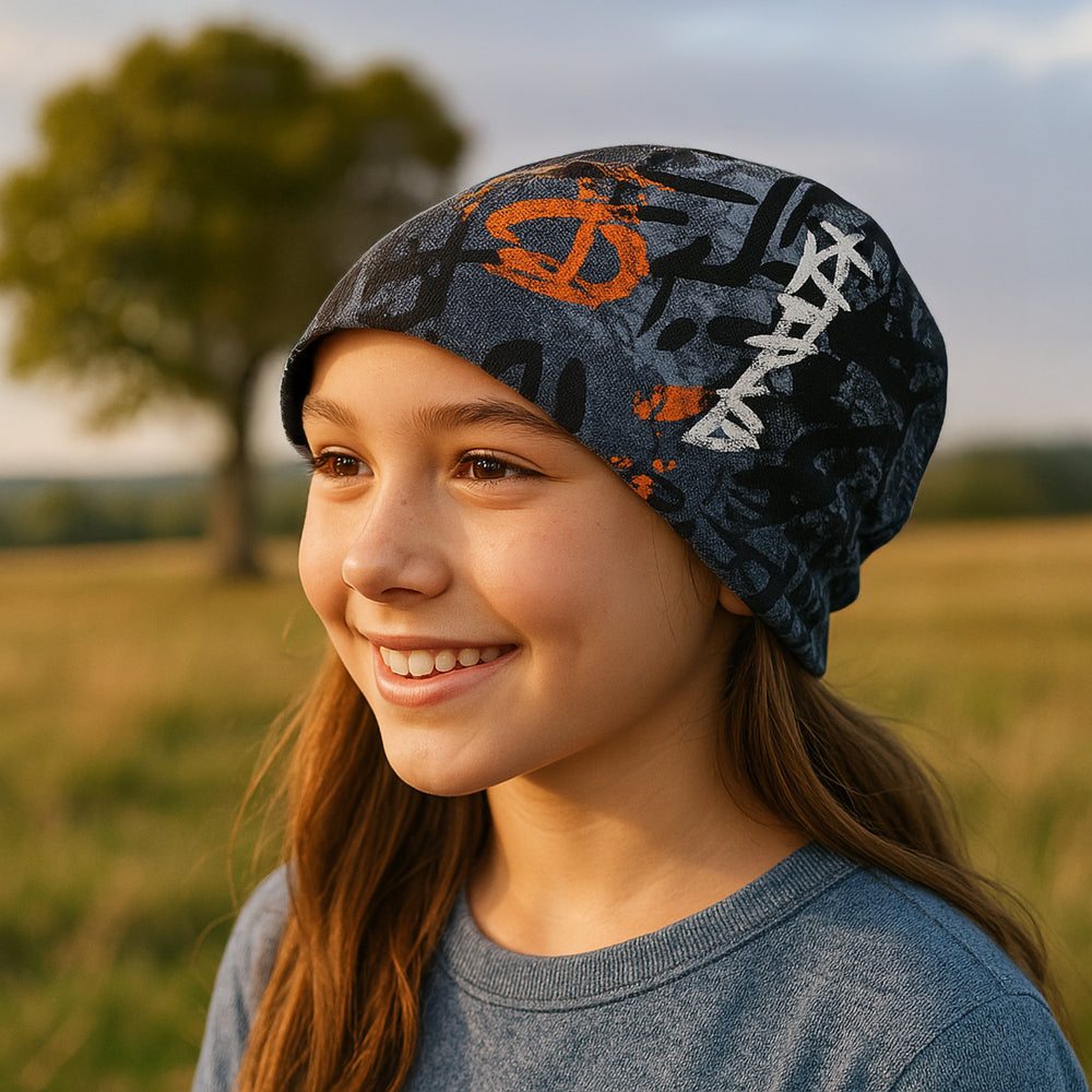 Mädchen trägt Wollhuhn Öko Shortie, Wendemütze aus zweilagigem Jersey, ideal für aktive Kinder und Teenager, handgemacht in Deutschland.