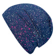 Wollhuhn Öko Shorties Wendemütze: Handgefertigte blaue Beanie mit pink-weißen Sprenkeln, zweilagig und wendbar, ideal für aktive Kinder und Jugendliche.