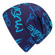 Wollhuhn Öko Shorties: Handgemachte, zweilagige Beanie in Blau-Weiß mit Schriftzug, wendbar und aus weichem Öko-Jersey, ideal für aktive Kinder und Teenager.