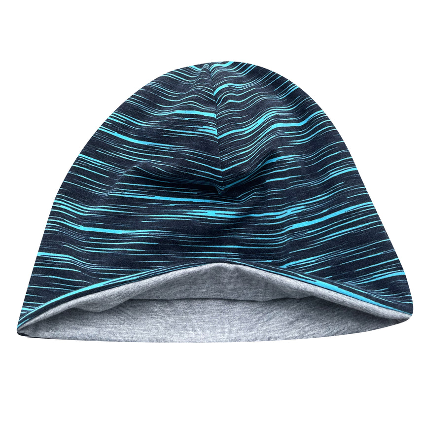 Wollhuhn Öko Shorties Wendemütze, zweilagig, ideal für Kinder, handgemacht, mit kurzem Schnitt aus weichem Öko-Jersey, bietet Komfort und Stil.