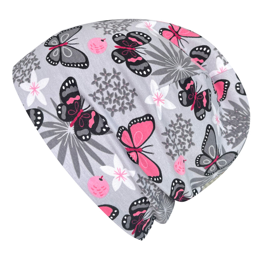 Wollhuhn Öko Shorties: Graue, zweilagige Wendemütze mit Schmetterlingsmotiv, handgemacht aus Öko-Jersey, bietet einen lässigen, bequemen Sitz für Kinder und Teenager.