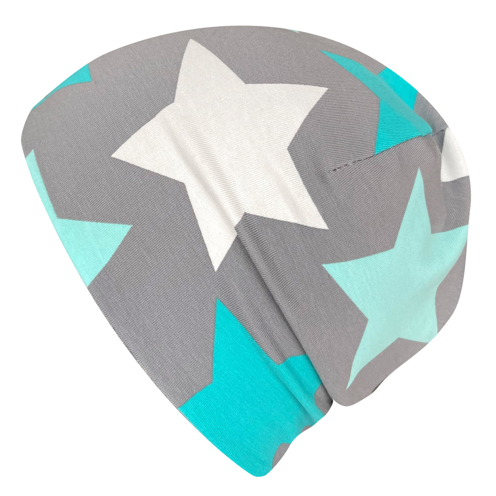 Wollhuhn Öko Shorties Wendemütze mit großen Sternen, handgemacht aus weichem Öko-Jersey, zweilagig, ideal für aktive Kinder und Teenager.