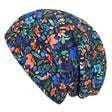 Wollhuhn Öko Long Beanie / Wendemütze, Blumenmuster, zweilagig, weich und dehnbar, ideal für Kinder, mit wendbarem, grauem Futter, handgefertigt in Deutschland.