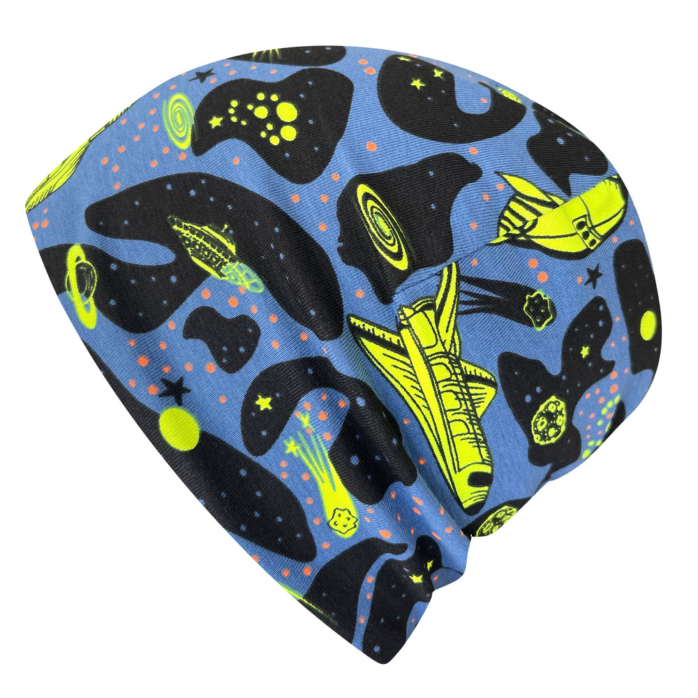 Wollhuhn Öko Shorties / Wendemütze, Ganzjährig, Zweilagig, Space Neon Gelb: handgemachte, elastische Beanie mit gelb-schwarzem Muster, ideal für aktive Kinder, wendbar und formstabil.
